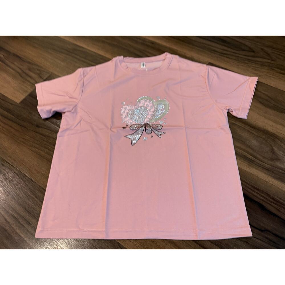 Pink Rhinestone Heart Bow Graphic T-Shirt Cute Coquette Short Sleeve Tee